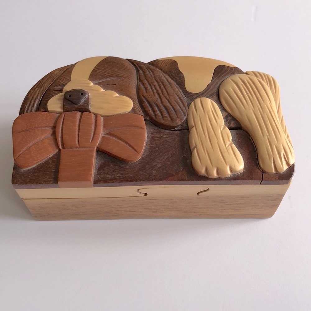 Wooden Puzzle Box Trinket Box Sleeping Puppy w Bow Hand Crafted